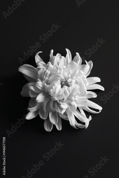 Fototapeta Monochrome floral bloom: A close-up of a white flower with intricate petals, set against a dark backdrop.