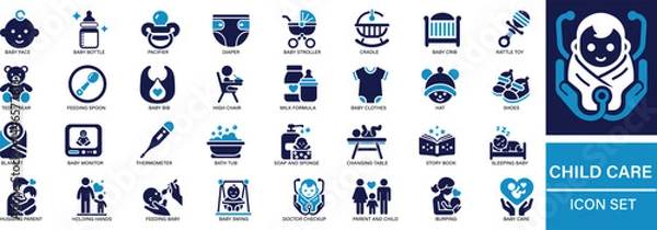 Obraz Flat style child care icon set featuring baby items, parenting tools, safety symbols, and childcare essentials. Ideal for daycare, health, and family-related designs.