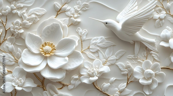 Obraz Ornate floral design with a flying bird.