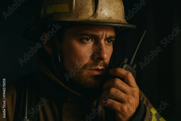 Fototapeta Focused firefighter communicating through radio in dark environment
