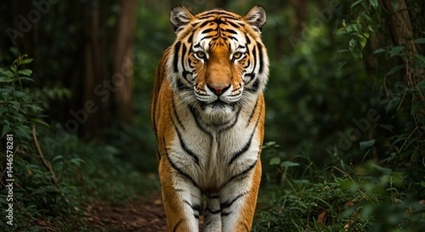Fototapeta A majestic Bengal tiger standing in a lush jungle, with piercing amber eyes, detailed fur patterns, and strong muscles visible under its coat — hyper-realistic, dramatic lighting, cinematic style