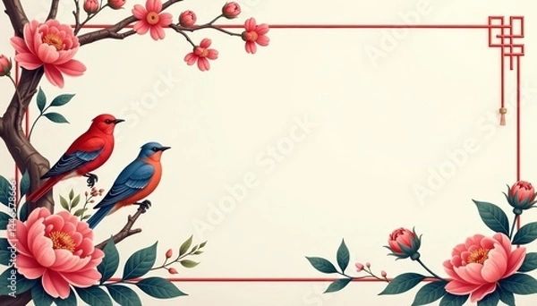 Fototapeta Oriental style border with delicate birds and vibrant peonies in vector format, vector, oriental, birds