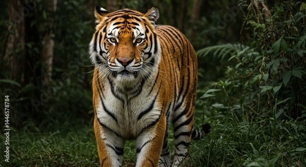 Fototapeta A majestic Bengal tiger standing in a lush jungle, with piercing amber eyes, detailed fur patterns, and strong muscles visible under its coat — hyper-realistic, dramatic lighting, cinematic style