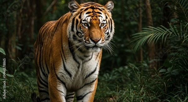 Fototapeta A majestic Bengal tiger standing in a lush jungle, with piercing amber eyes, detailed fur patterns, and strong muscles visible under its coat — hyper-realistic, dramatic lighting, cinematic style