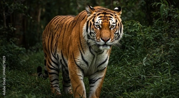 Fototapeta A majestic Bengal tiger standing in a lush jungle, with piercing amber eyes, detailed fur patterns, and strong muscles visible under its coat — hyper-realistic, dramatic lighting, cinematic style