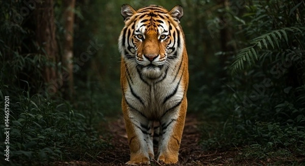 Fototapeta A majestic Bengal tiger standing in a lush jungle, with piercing amber eyes, detailed fur patterns, and strong muscles visible under its coat — hyper-realistic, dramatic lighting, cinematic style