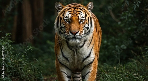 Fototapeta A majestic Bengal tiger standing in a lush jungle, with piercing amber eyes, detailed fur patterns, and strong muscles visible under its coat — hyper-realistic, dramatic lighting, cinematic style