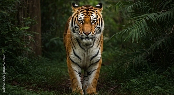 Fototapeta A majestic Bengal tiger standing in a lush jungle, with piercing amber eyes, detailed fur patterns, and strong muscles visible under its coat — hyper-realistic, dramatic lighting, cinematic style