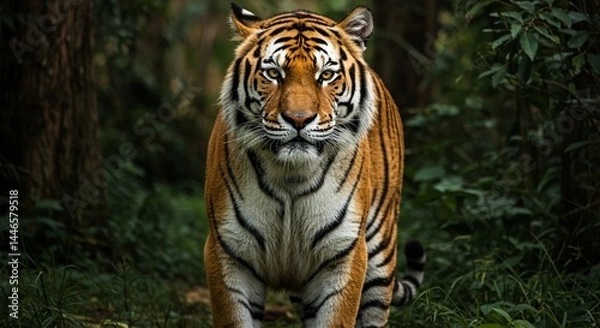 Fototapeta A majestic Bengal tiger standing in a lush jungle, with piercing amber eyes, detailed fur patterns, and strong muscles visible under its coat — hyper-realistic, dramatic lighting, cinematic style