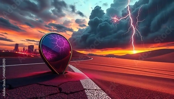 Fototapeta Location Pin on Road with Lightning Storm and Dramatic Sunset Sky