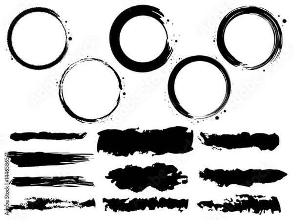 Fototapeta 毛筆で書いた黒い線と円の素材セット