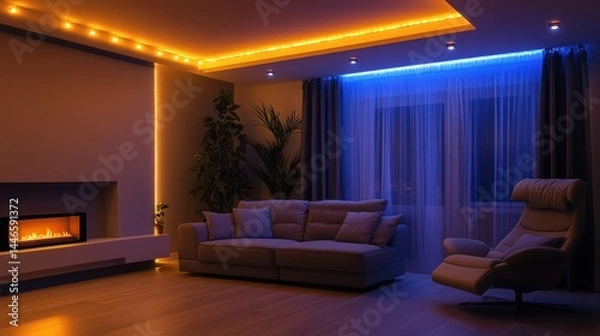 Fototapeta Cozy living room with ambient lighting.  Warm orange and cool blue LED strips illuminate the room's trim, creating a relaxing atmosphere.  A beige sofa and armchair are placed in front of a fireplace