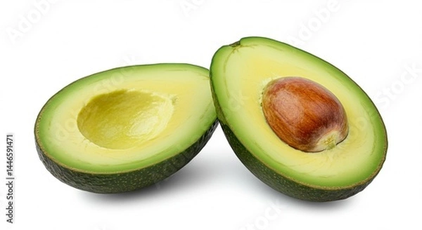 Fototapeta A perfectly ripe avocado cut in half, with vibrant green flesh and a large brown seed, isolated on a clean white background — high-resolution, natural lighting, minimal shadows
