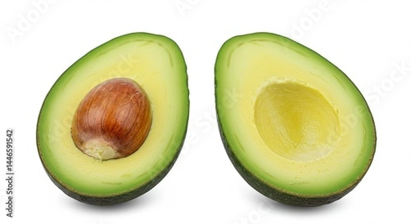 Fototapeta A perfectly ripe avocado cut in half, with vibrant green flesh and a large brown seed, isolated on a clean white background — high-resolution, natural lighting, minimal shadows