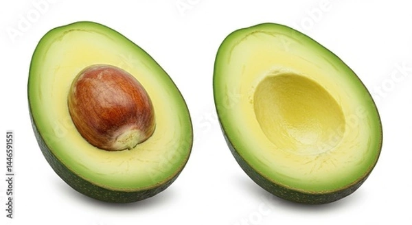 Fototapeta A perfectly ripe avocado cut in half, with vibrant green flesh and a large brown seed, isolated on a clean white background — high-resolution, natural lighting, minimal shadows
