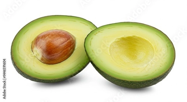 Fototapeta A perfectly ripe avocado cut in half, with vibrant green flesh and a large brown seed, isolated on a clean white background — high-resolution, natural lighting, minimal shadows