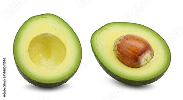 Fototapeta A perfectly ripe avocado cut in half, with vibrant green flesh and a large brown seed, isolated on a clean white background — high-resolution, natural lighting, minimal shadows