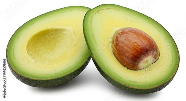 Fototapeta A perfectly ripe avocado cut in half, with vibrant green flesh and a large brown seed, isolated on a clean white background — high-resolution, natural lighting, minimal shadows