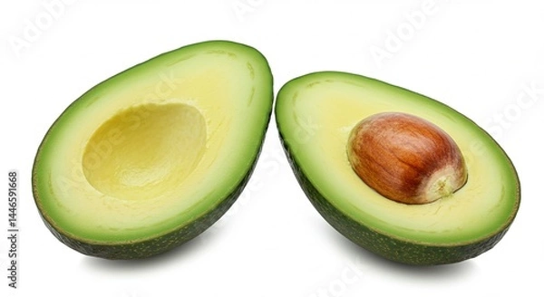 Fototapeta A perfectly ripe avocado cut in half, with vibrant green flesh and a large brown seed, isolated on a clean white background — high-resolution, natural lighting, minimal shadows