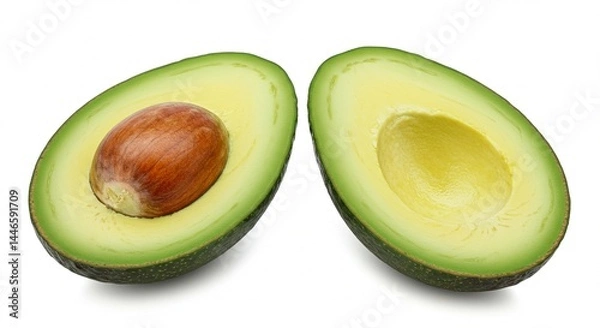 Fototapeta A perfectly ripe avocado cut in half, with vibrant green flesh and a large brown seed, isolated on a clean white background — high-resolution, natural lighting, minimal shadows