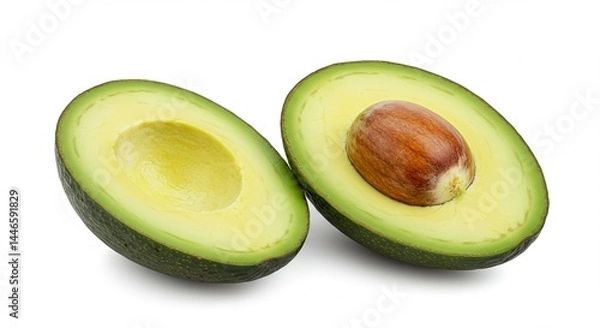 Fototapeta A perfectly ripe avocado cut in half, with vibrant green flesh and a large brown seed, isolated on a clean white background — high-resolution, natural lighting, minimal shadows