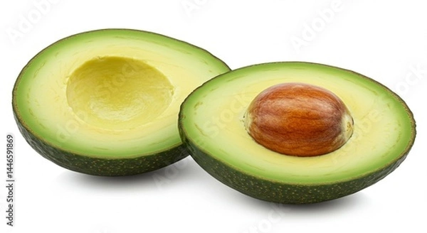 Fototapeta A perfectly ripe avocado cut in half, with vibrant green flesh and a large brown seed, isolated on a clean white background — high-resolution, natural lighting, minimal shadows