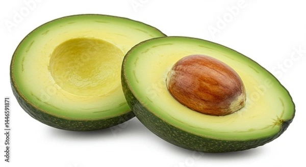Fototapeta A perfectly ripe avocado cut in half, with vibrant green flesh and a large brown seed, isolated on a clean white background — high-resolution, natural lighting, minimal shadows