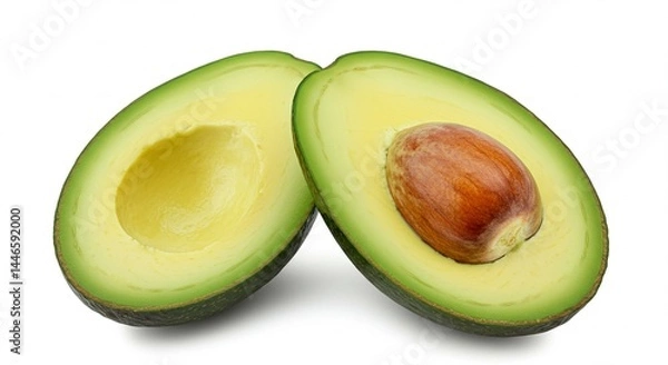 Fototapeta A perfectly ripe avocado cut in half, with vibrant green flesh and a large brown seed, isolated on a clean white background — high-resolution, natural lighting, minimal shadows