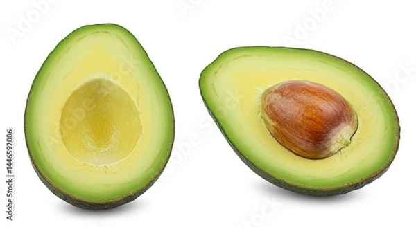 Fototapeta A perfectly ripe avocado cut in half, with vibrant green flesh and a large brown seed, isolated on a clean white background — high-resolution, natural lighting, minimal shadows