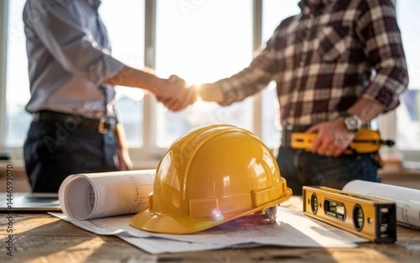 Obraz Successful partnership: Architects shaking hands over construction blueprints