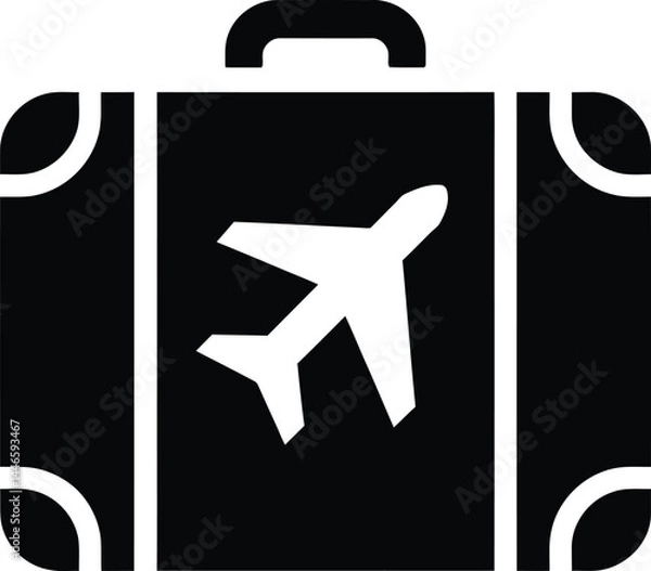 Obraz Minimalist Black Travel Suitcase Icon with Airplane Symbol – Vector Luggage Illustration for Tourism, Journey, and Flight-Related Concepts


