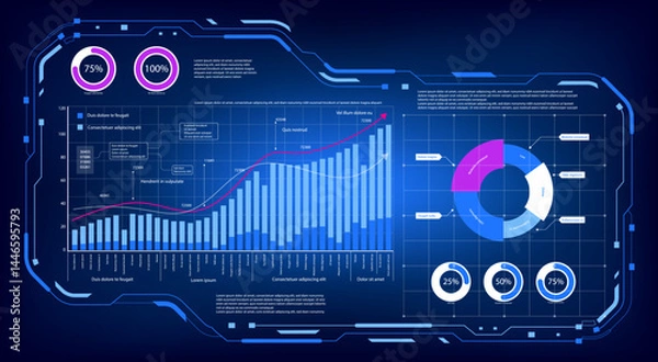 Obraz Set of digital dashboard UI screens with analytics, charts, graphs, calendar, and financial data. Vector business background for statistics, infographics, and application interface presentations.