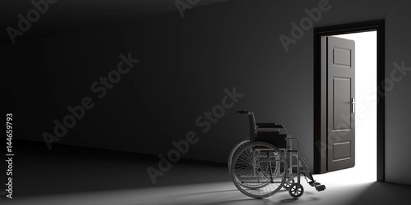 Fototapeta Dark Room with a Wheelchair against the Open Door