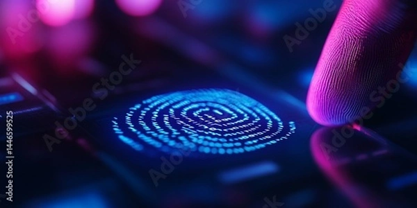 Fototapeta Futuristic biometric security scan with finger on digital fingerprint scanner