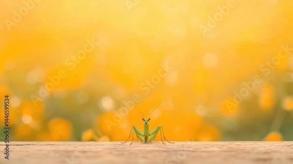 Obraz Praying Mantis in Golden Hour, Close up of a praying mantis on a wooden surface with a blurred golden background.