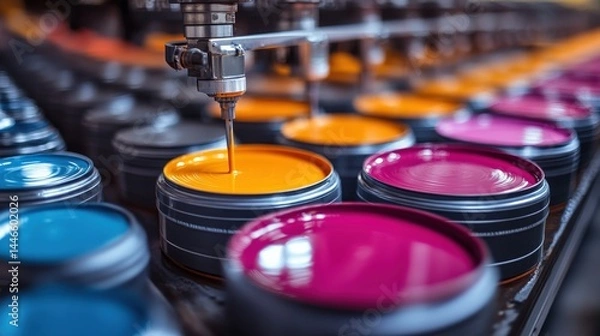 Fototapeta Vibrant paint production in industrial setting featuring colorful tins and precision dispensing