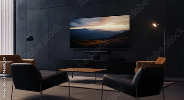 Fototapeta The left side of the screen shows an oversized wall with sleek, flat-screen TV displaying a colorful landscape