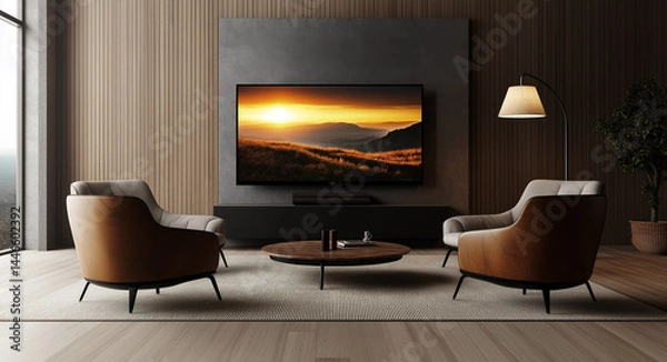 Fototapeta The left side of the screen shows an oversized wall with sleek, flat-screen TV displaying a colorful landscape
