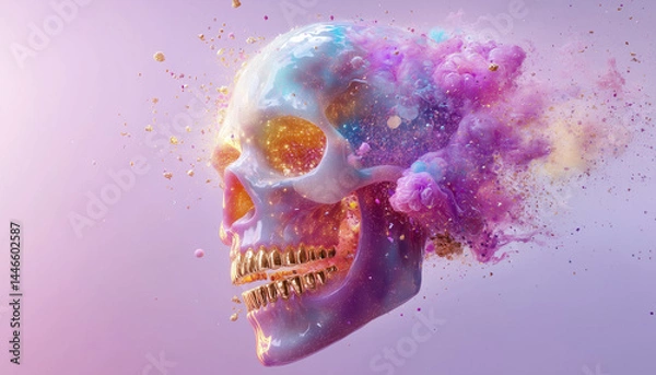 Fototapeta A skull made of colorful jelly, exploding with particles and glitter against a soft purple background. The head is adorned in gold, adding to the overall surreal effect