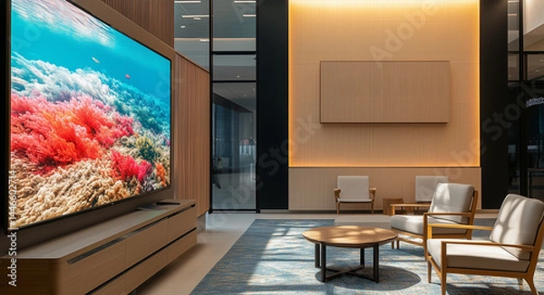 Fototapeta The left side of the screen shows an oversized wall with sleek, flat-screen TV displaying a colorful landscape
