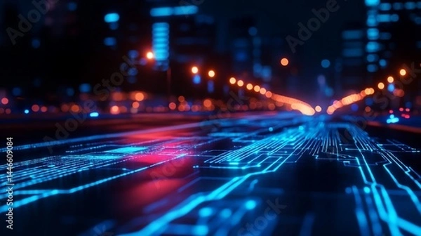 Obraz Futuristic cityscapes illuminated by digital networks and vibrant hues of light