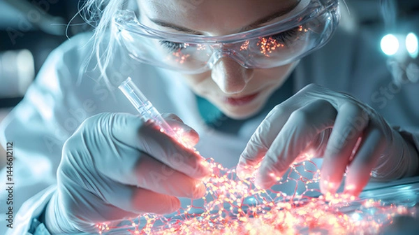 Fototapeta A scientist in a lab examining illuminated fibers wearing gloves and safety glasses. Useful for science websites or articles about technology and research.
