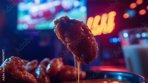 Fototapeta Game Day Gourmet: A Close-Up of Sticky, Glazed Chicken Wing Dipped in Creamy Sauce, Enjoyed While Watching a Gridiron Classic on a Vibrant Neon-Lit Television Screen.