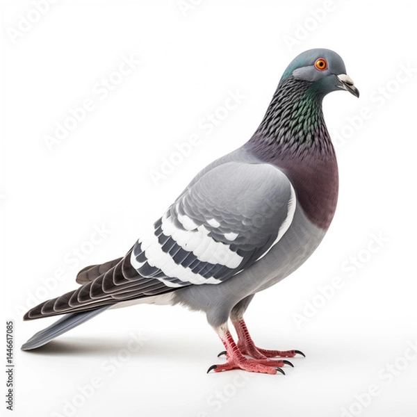 Fototapeta A Majestic Rock Dove: A Study in Avian Elegance – Detailed Portrait of a Common Pigeon, showcasing its iridescent plumage and intricate feather patterns against a pure white background.  The bird's