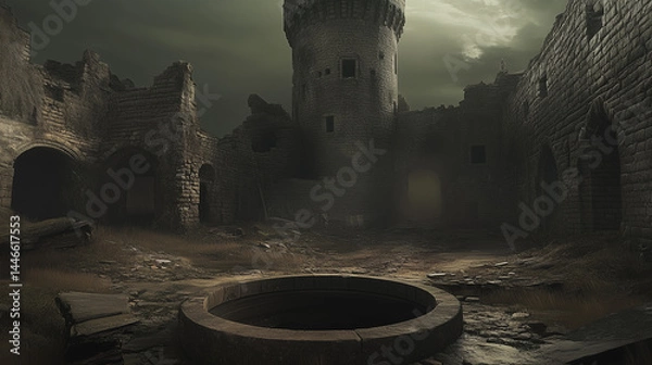 Fototapeta Desolate Echoes: A Crumbling Medieval Fortress Under a Gloom-laden Sky, Capturing the Weight of Centuries Past, a Remnant of a Bygone Era,  Its Stone Walls Whispering Tales of Forgotten Glory, Now