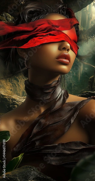 Fototapeta Enigmatic Elegance: Close-up Portrait of a Woman in her Late 20s, adorned with a Draped Grey Silk Scarf against a Murky, Textured Background, Evoking Mystery and Intrigue through Dramatic Lighting