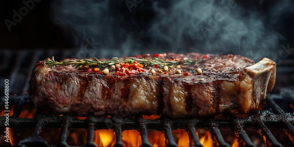 Fototapeta Sizzling Summer Steak: A Culinary Masterpiece of Grilled Ribeye, Perfectly Marbled and Seasoned with Vibrant Red Peppers, Smoking Hot and Ready to Savor, a Feast for the Senses.