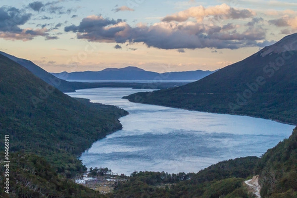 Fototapeta Mountains and Lago Fagnano (also Cami) lake at Tierra del Fuego island, Argentina