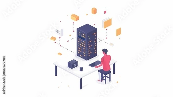 Fototapeta Data Center Management, Isometric illustration of a person managing a data center.