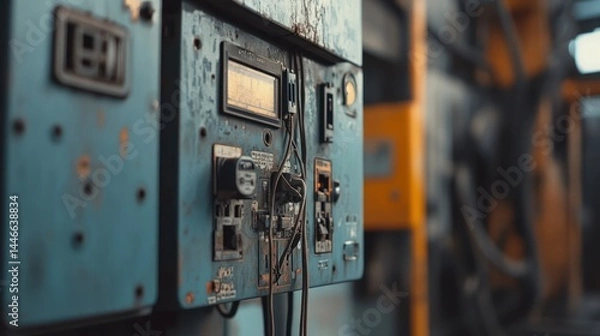 Fototapeta Close-up of a weathered industrial control panel.  Detailed view of switches, gauges, and wiring.  Panel is a faded teal-blue with various controls and components.  Visible signs of age and use